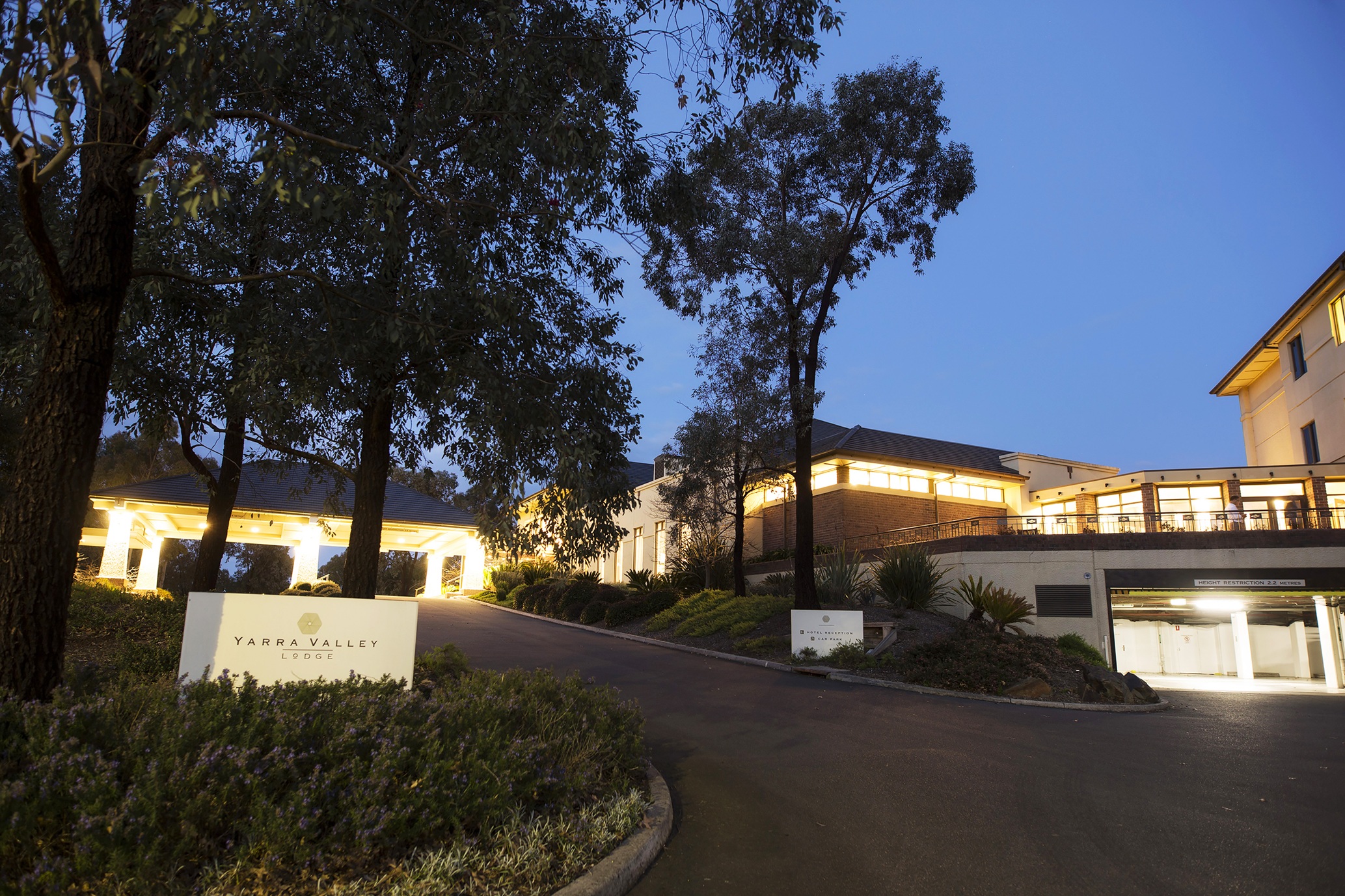 A tree-lined driveway leads to a modern, warmly lit building at dusk, with a small sign beside the road.